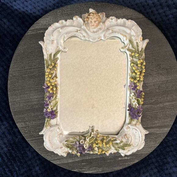 Antique Porcelain Table Mirror Cherub Flowers Easel Back Continental Mirror - Picture 1 of 11